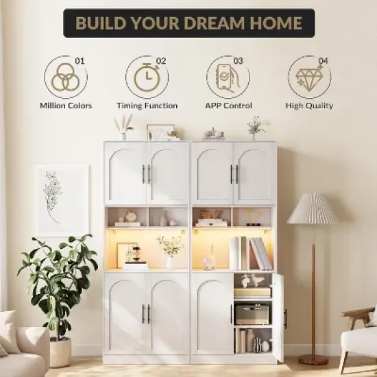 Kitchen Pantry Cabinet with RGB Lighting, Farmhouse Wood Hutch with Barn Doors, Microwave Stand, Two Open Shelves, Large Storage Cupboard image {2}