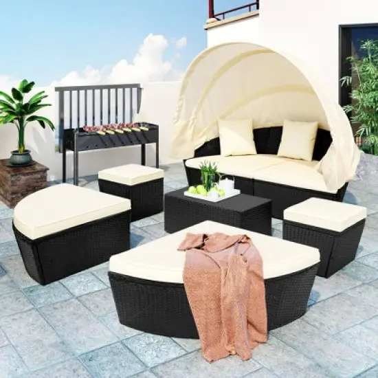 6pc Wicker Round Outdoor Sectional Set with Cushions - Black/Beige - GODEER image {4}