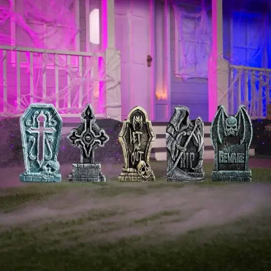 Joyfy 5Pcs 17" Halloween Foam RIP Graveyard Tombstones Decorations, Headstones Graveyard Cemetery Gravestones Prop with 12 Stakes, Yard Lawn Garden image {5}