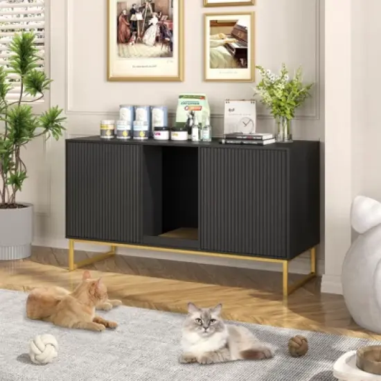 Litter Box Enclosure for 2 Cats, Double Room Kitty House with Scratch Pad image {7}