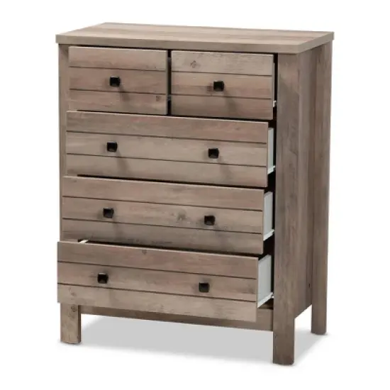 Derek Natural Wood 5 Drawer Chest Brown - Baxton Studio image {1}