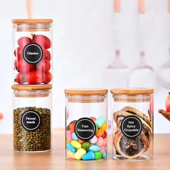 12 Pcs Round Spice Jars with Bamboo Lids and Stickers, Glass Storage Jars, Candy Jars, Coffee Jars, Salt Jars, Pepper Jars, Tea Jars image {13}
