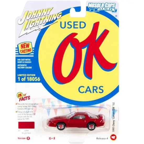 1991 Chevrolet Camaro Z28 1LE Bright Red "OK Used Cars" Series Ltd Ed to 18056 pcs 1/64 Diecast Model Car by Johnny Lightning image {2}