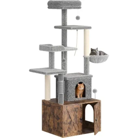 Cat Tree with Litter Box Enclosure Large, Multilevel Cat Play House with Large Condo, Spacious Hammock, Cozy Top Perch,Scratching Post,Brown image {8}