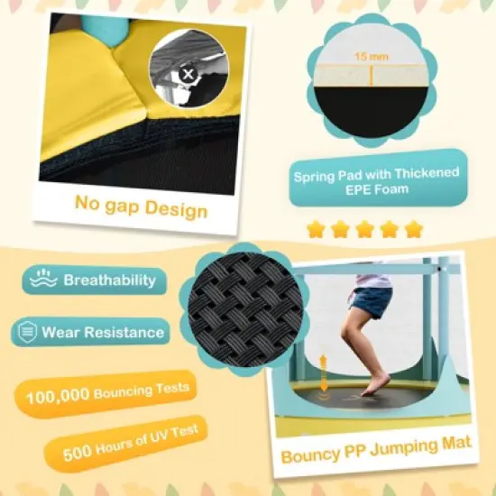 Infans 64" Kids Trampoline w/ Detachable Canopy Safety Enclosure Net Foam Handle Yellow image {7}