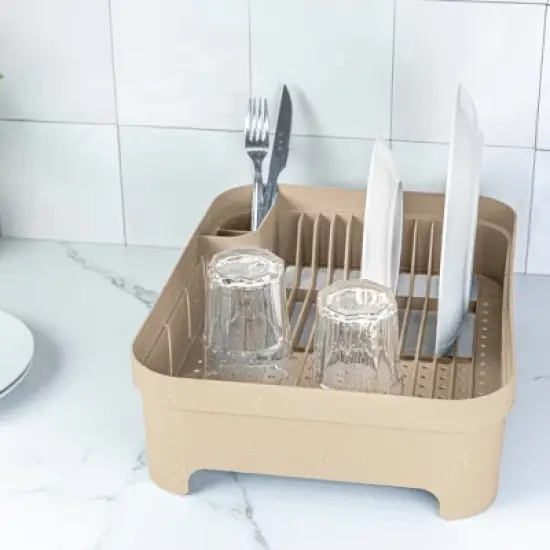 OU Dish Drying Rack for Kitchen Counter, Freestanding Plastic Dish Strainer with Utensil Holder, Compact Dish Drain for Plates, Cups & Cutlery image {4}