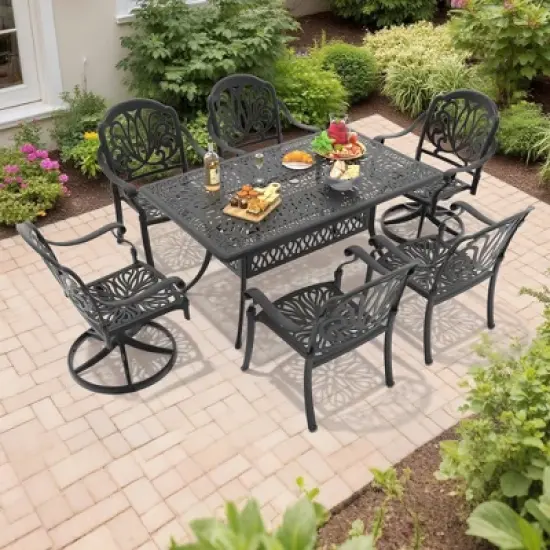 6-Person Cast Aluminum Patio Dining Set with Rectangle Table, 2 swivel chairs and 4 fixed dining chairs, Brown Cushions and Umbrella Hole image {3}