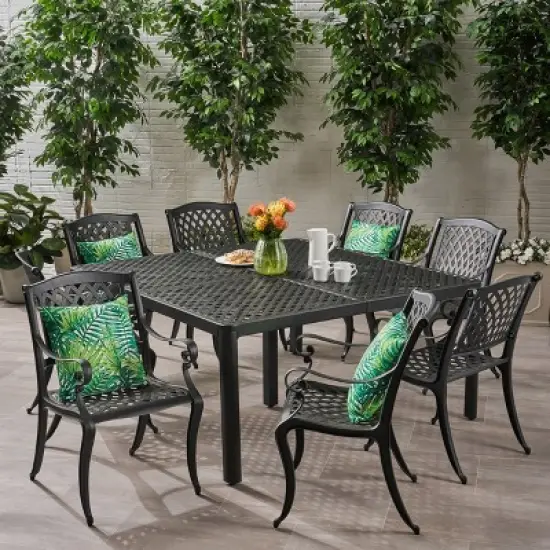 Christopher Knight Home Cayman Outdoor 9 Piece Traditional Cast Aluminum Mesh Dining Set with 61.25" Round Woven Table image {7}