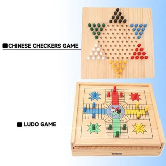 GSE Wooden 9-in-1 Chess, Checkers, Backgammon, Dominoes, Chinese Checkers, Tic-Tac-Toe, Ludo, Playing Cards & Poker Dice Game Combo Set image {4}