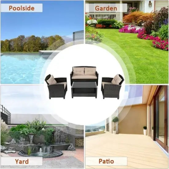Costway 4PCS Outdoor Rattan Furniture Set Cushioned Sofa Armrest Chair Lower Shelf Brown image {3}