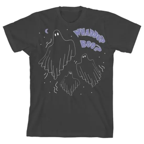Kids Halloween Three Ghosts "Waddup Boo" Unisex Youth Charcoal Gray Short Sleeve Crew Neck Tee image {7}