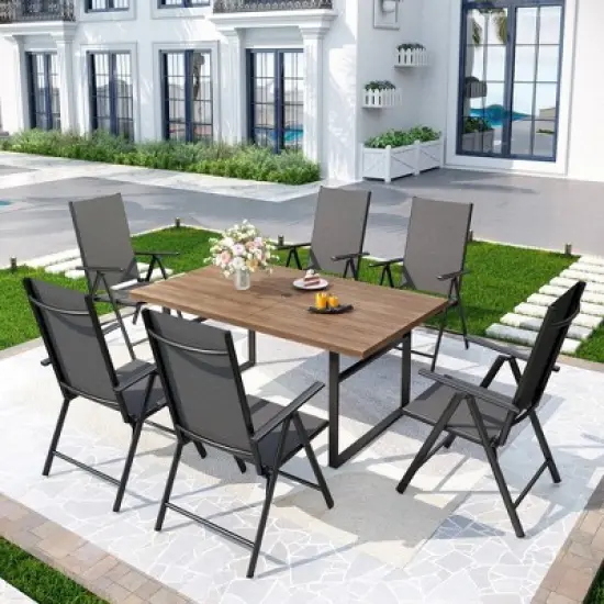7pc Patio Dining Set with Rectangular Faux Wood Table with Umbrella Hole & Folding Reclining Chairs - Captiva Designs image {10}