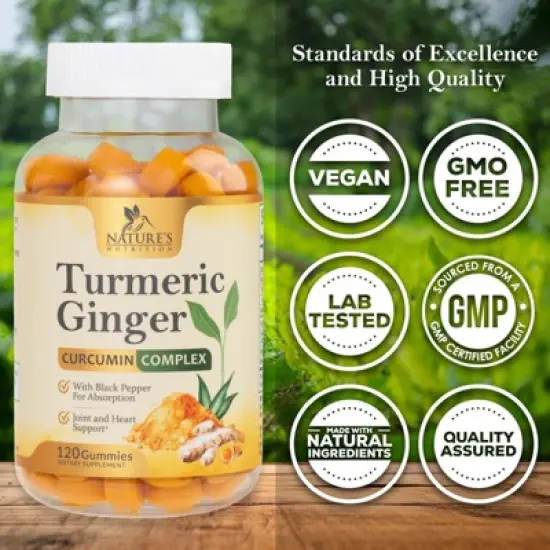 Turmeric Gummies with Black Pepper & Ginger for Best Absorption, 95% Curcuminoids Tumeric Curcumin - 120 Gummies By Nature's Nutrition image {3}