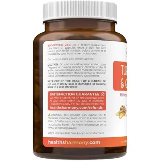 Turmeric Curcumin & Ginger Capsules, Black Pepper Bioperine, Ginger Extract, & 95% Curcuminoids Powder for Joint Support, Health's Harmony, 90ct image {2}
