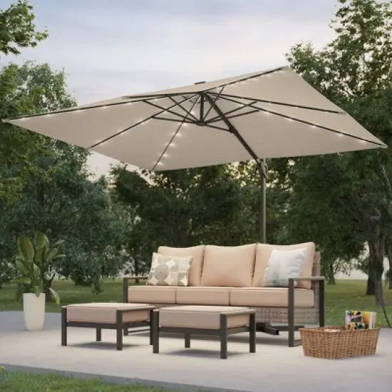 Sonkuki 10x8FT Round Offset Outdoor Patio Solar LED Cantilever Umbrella, 360&deg; Rotation and Canopy Angle Adjustment image {9}