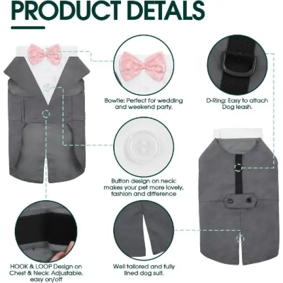 Kuoser Dog Tuxedo Dog Suit and Bandana Set, Dogs Tuxedo Wedding Party Suit, Dog Prince Wedding Bow Tie Shirt Formal Dog Wedding Attire, Gray - Small image {3}