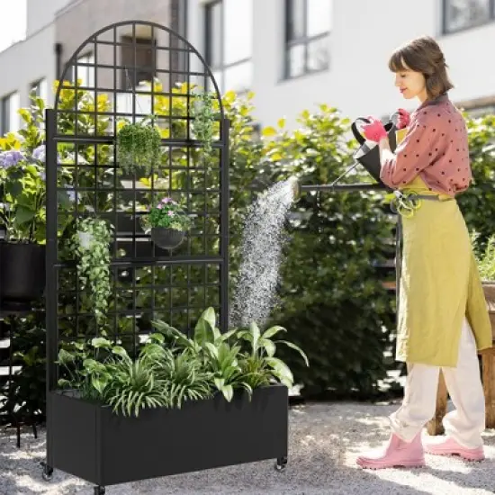 PexFix 71" x 35.4" Tall Wrought Iron Garden Arched Trellis with Planter Box Black Outdoor Plant Support for Climbing Flowers Vines Patio Yard Decor image {2}