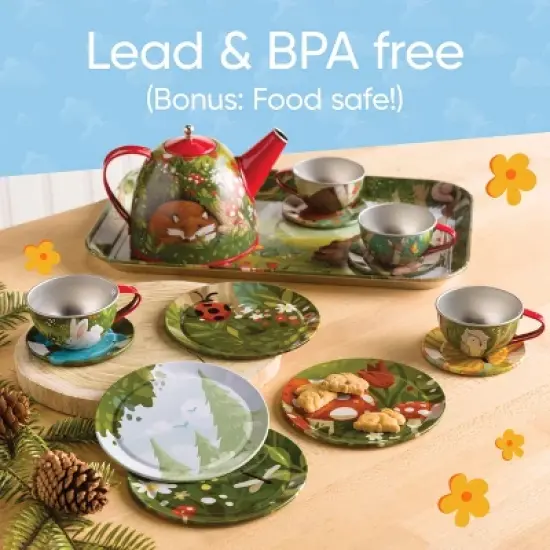HearthSong 15-Piece Woodland-Themed Tin Tea Set for Kids With Carrying Case image {6}