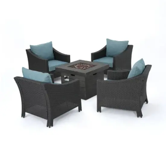 Christopher Knight Home Antibes Outdoor Wicker 5 Piece Club Chair and Fire Pit Set with Cushions image {11}