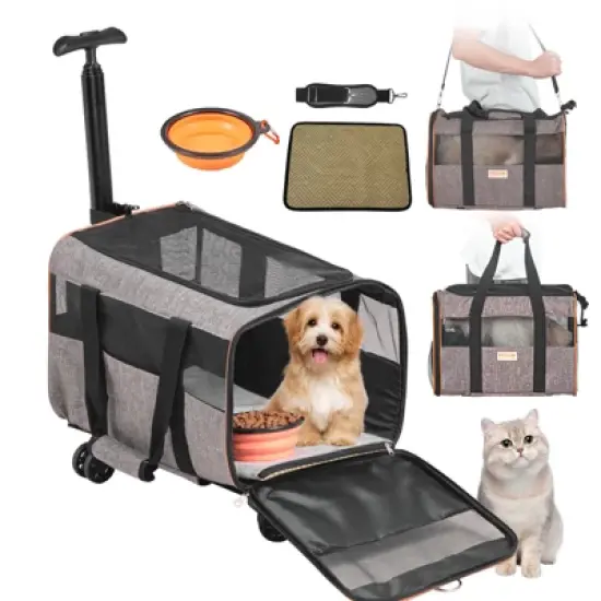 VEVOR Cat Carrier with Wheels, Airline Approved Rolling Pet Carrier with Telescopic Handle and Shoulder Strap, Dog Carrier with Wheels, Grey image {8}