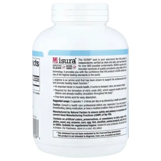 Natural Factors L-Arginine, 180 Vegetarian Capsules (500 mg per Capsule) image {2}
