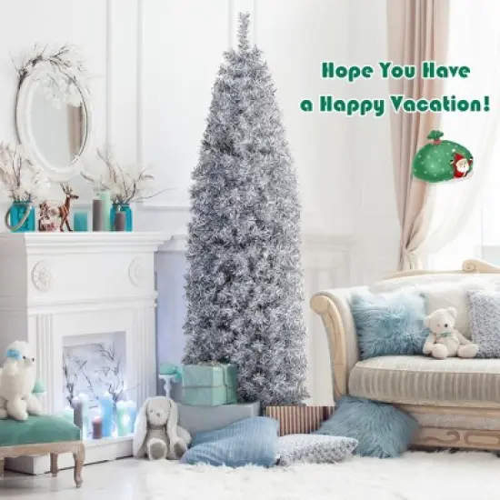 Costway 7 FT Pre-Lit Christmas Tree Hinged Slim Pencil w/ 350 LED Lights 670 Branch Tips image {4}