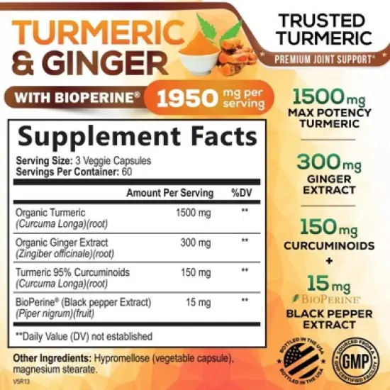 Turmeric Curcumin Supplement 1950mg Organic Turmeric with Ginger, 95% Curcuminoids, BioPerine Black Pepper, 180 Capsules By Nature's Nutrition image {1}
