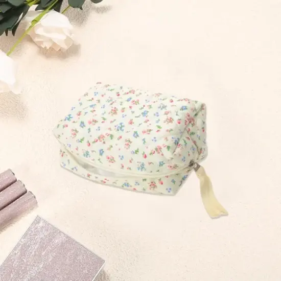 Unique Bargains Quilted Square Flowers Makeup Bag Red Green 1 Pc image {2}