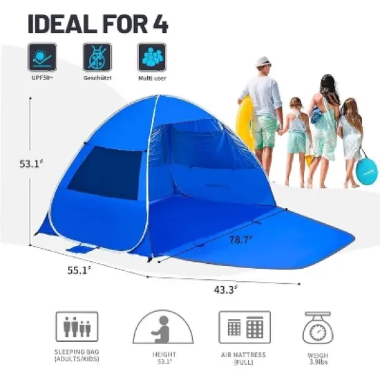 Boersma UPF 50+ Pop Up Beach Tent &ndash; Fits 4 people, easy setup, portable cabana with sun protection. Perfect for beach, camping, or outdoor shade. image {6}
