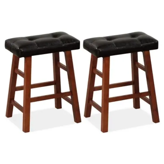 Costway Set of 2 Upholstered Barstools 24''/29'' Backless Rubberwood Dining Chairs Black&Brown image {9}