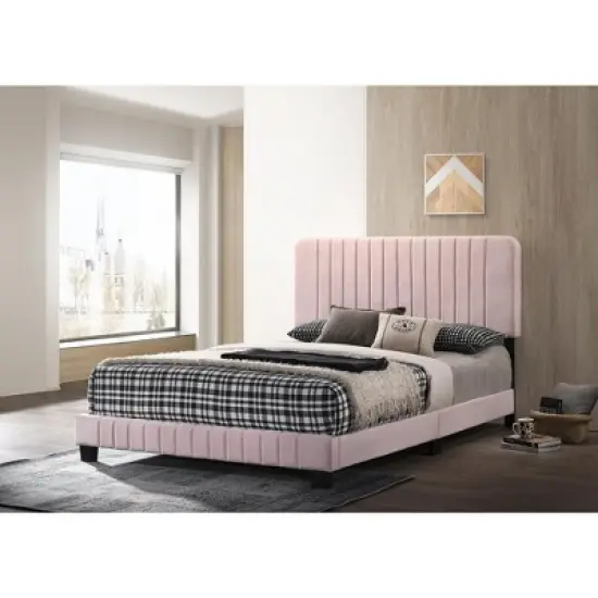 Passion Furniture Lodi Pink Velvet Upholstered Channel Tufted Queen Panel Bed image {4}