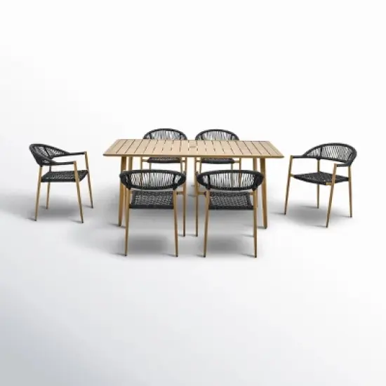 Rectangular Planked Wood Outdoor Dining Set：7-Piece Mesh Weave Chair Patio Furniture image {15}