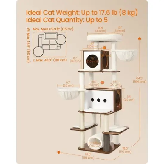 Feandrea Cat Tree, 64.5-Inch Tall Cat Tower for Large Indoor Cats, Multi-Level Cat Condo with 2 Caves, 2 Hammocks, 4 Scratching Posts,  Rustic Brown image {5}