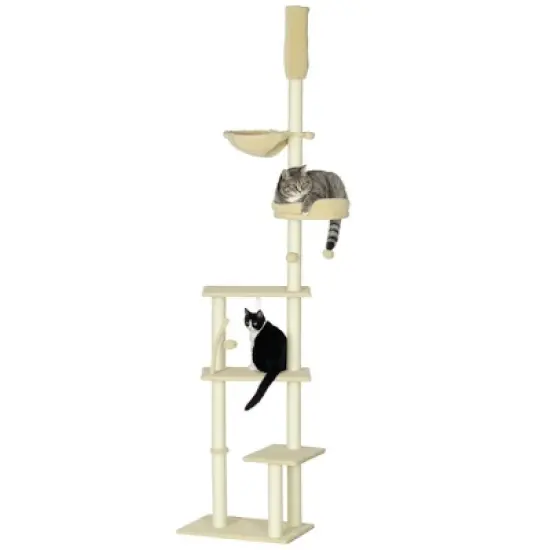 SKYONE Beige Floor-to-Ceiling Cat Tree with Adjustable Height, Multiple Platforms, Bed, Hammock, image {8}