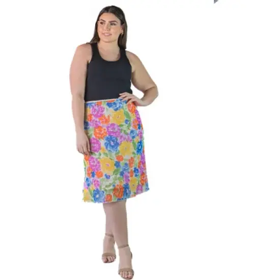 Plus Size Sheer Overlay Colorful Floral Elastic Waist Knee Length Skirt image {6}