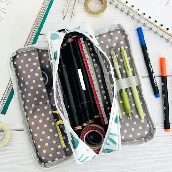 Wrapables Large Capacity Pencil Case, 3 Compartment Pencil Pouch for Stationery Pens, Cactus image {3}