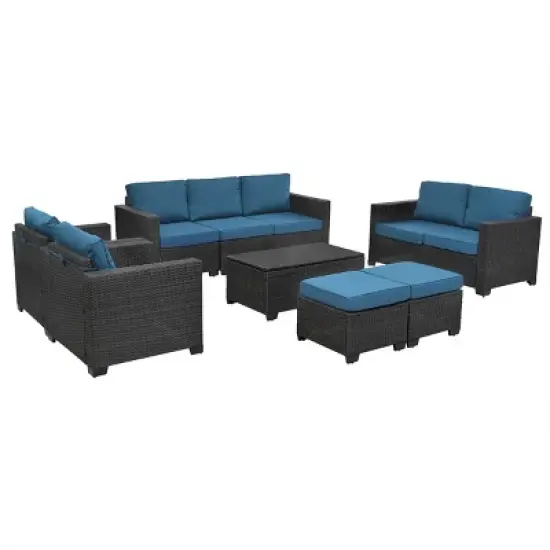 ELJGET 10PCS Outdoor Patio Rattan Furniture Set Cushioned Sectional Sofa Storage Coffee Table Deep Brown Wicker image {3}