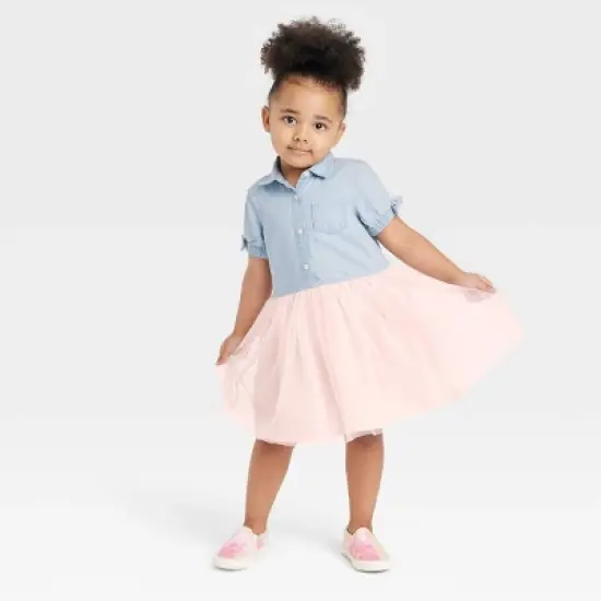 OshKosh B'gosh Toddler Girls' Chambray Short Sleeve Tulle Dress - Light Pink/Blue Denim image {3}