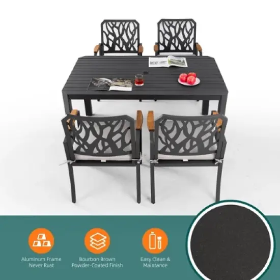 DOMETOUR 5Pcs Outdoor Patio Aluminum Furniture Set, Modern Dining Set with 4 Dining Chairs Branch-Like Backrest, Rectangular Table with Umbrella Hole image {5}
