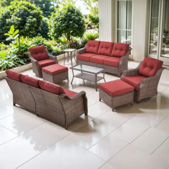 POCASSY 8 Piece 6-Inch Foam Thick Cushion Outdoor Furniture Set with Outdoor Sofa, Swivel Rocker Glider Chairs, Coffee Table, Ottomans, and End Table image {16}