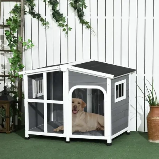 PawHut Cabin-Style Wooden Dog House for Large Dogs Outside with Openable Roof & Giant Window, Big Dog House Outdoor & Indoor, Dog Furniture, Gray image {2}