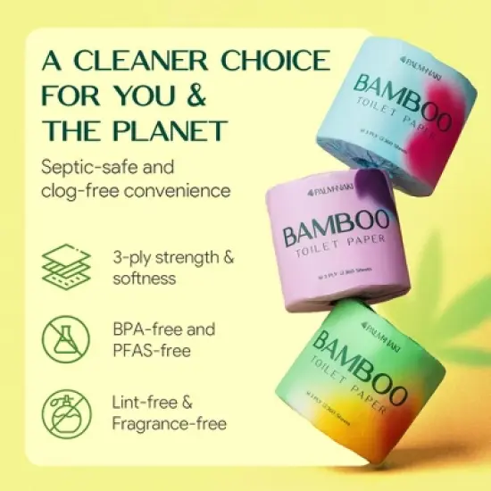 Palm Naki Bamboo Toilet Paper 3-Ply, Mega Rolls 360 Sheets/Roll, Strong & Gentle, Tree-Free Septic-Safe image {2}