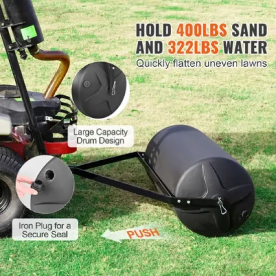 VEVOR Tow Behind Lawn Roller, 400lbs Sand/Water Filled Yard Roller, LLDPE Drum and Steel Frame Sod Roller with Easy-turn Plug, Black image {2}