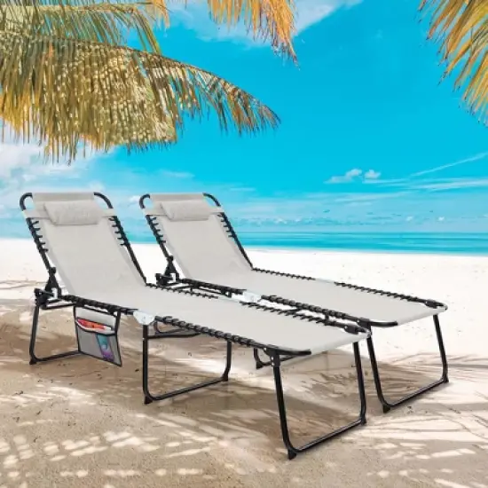 Costway 2 PCS Folding Chaise Lounge Chair Portable Sun Lounger with Adjustable Backrest Grey/Navy image {8}