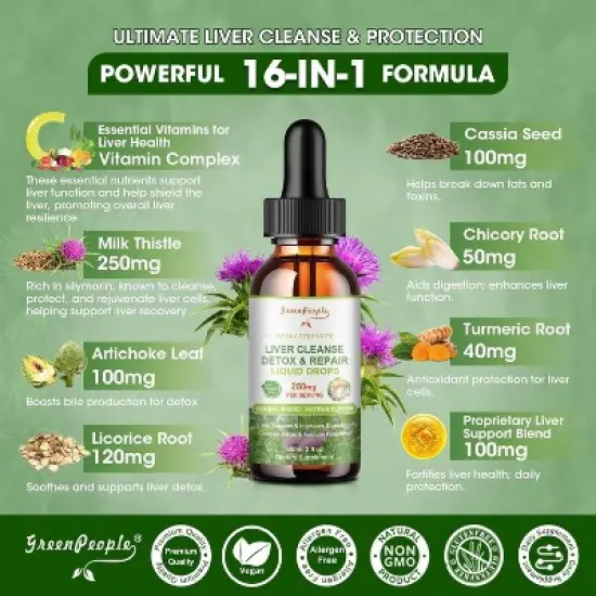 GreenPeople Liver Cleanse Detox Drops - with Milk Thistle Silymarin, Artichoke & Dandelion - 16x Potent Herb Nutrients - 2Fl Oz image {2}