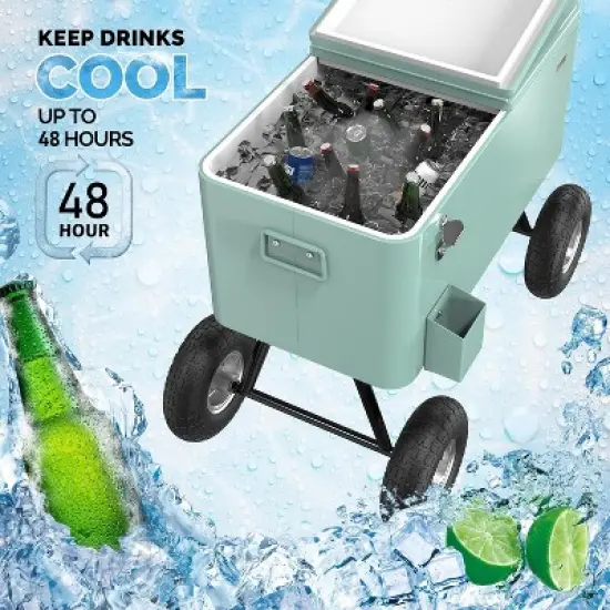 VINGLI 80 Quart Wagon Rolling Cooler Ice Chest, w/Long Handle and 10" Wheels image {1}