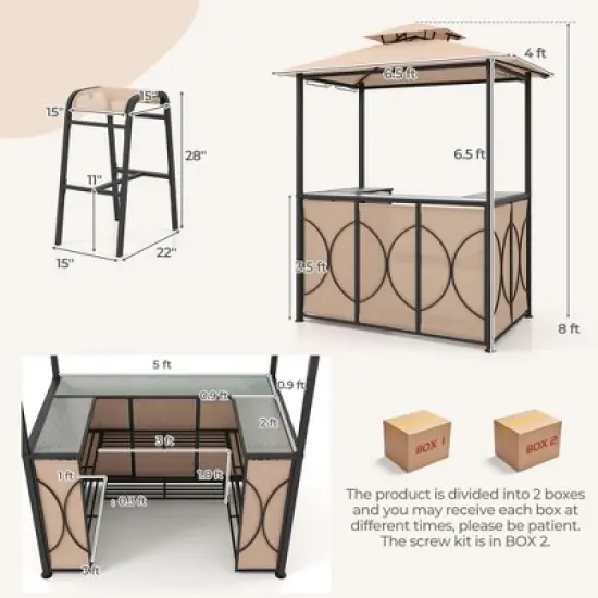 Costway 3 PCS Patio Bar Set with Tempered Glass Bar Table Metal Storage Shelves for Garden Brown/Grey image {2}