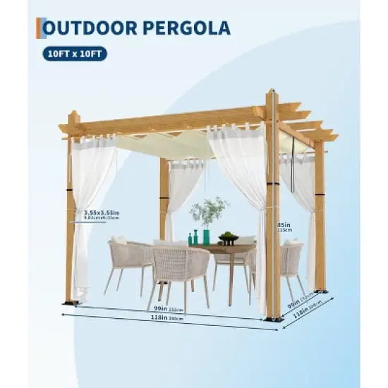 TROPOW  Outdoor Aluminum Pergola, Heavy-Duty Woodgrain Patio Pergola with Retractable Canopy Sun Shade & Side Mesh Curtain, Metal Gazebo image {6}