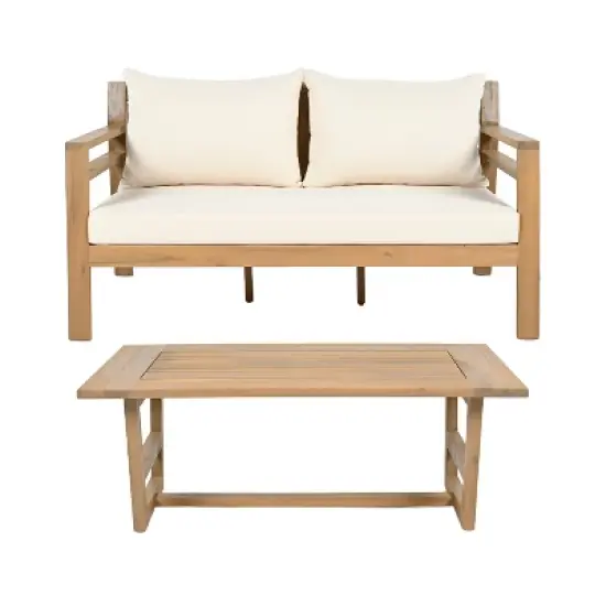 Christopher Knight Home Barret Outdoor Acacia Wood Slat Design Loveseat and Coffee Table Seating Set image {10}