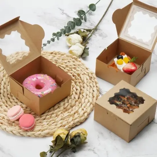 LotFancy 60Pcs Bakery Boxes with Window, 4x4x2.3 in Pastry Boxes for Cookies, Macarons,Brown image {4}